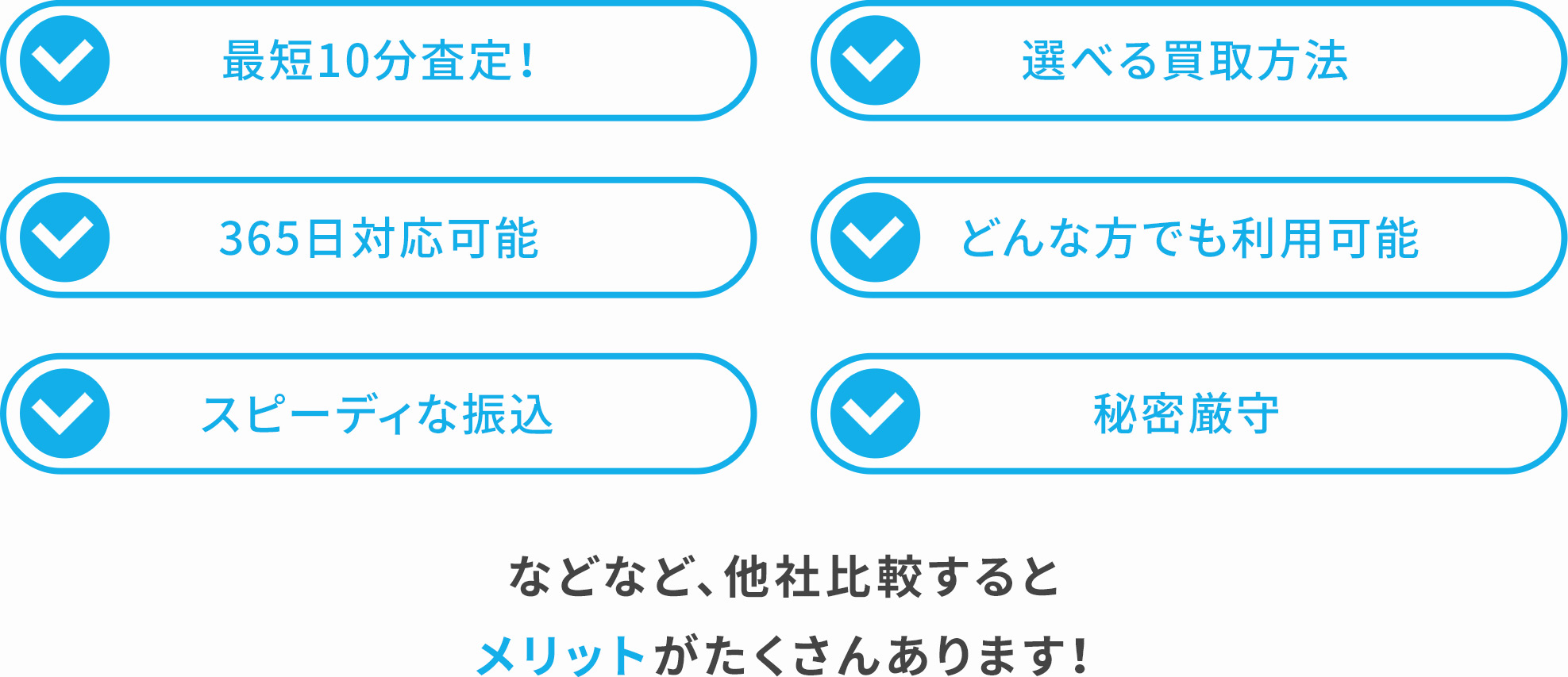 最短10分査定!/選べる買取方法/365日対応可能/どんな方でも利用可能/スピーディな振込/秘密厳守